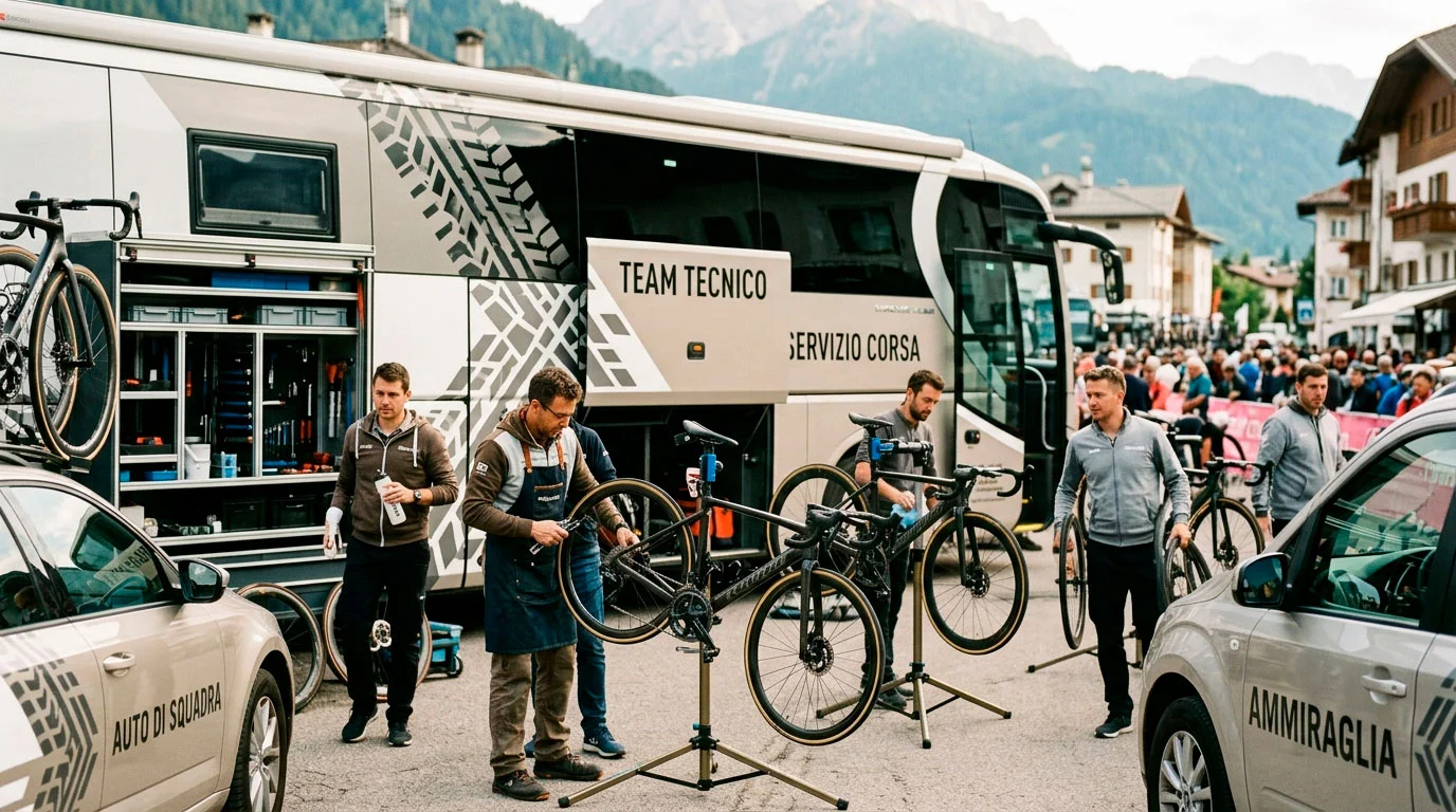 Squadra ciclistica World Tour con bus e staff tecnico durante una gara professionistica