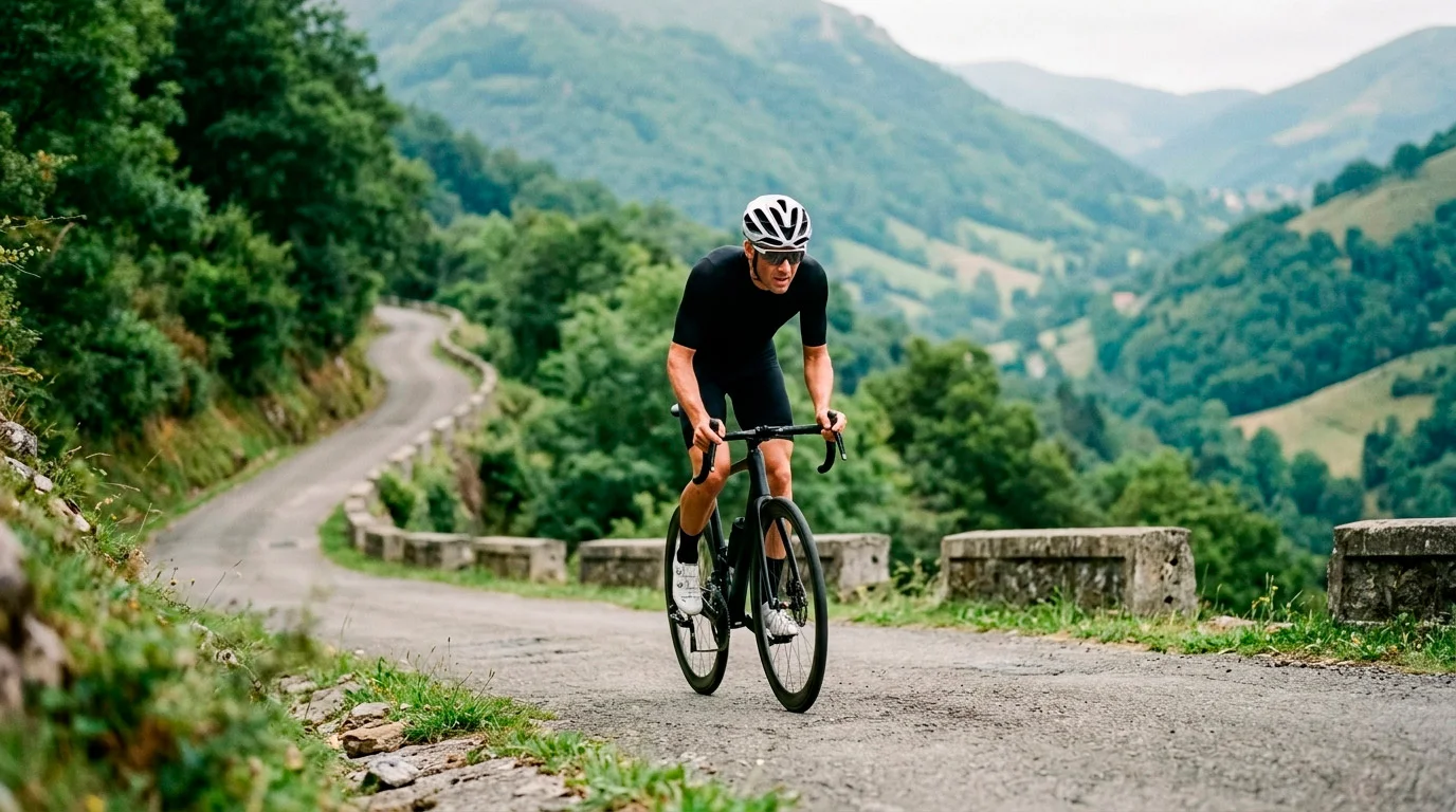 Ciclista in fuga solitaria su strada di montagna nei Paesi Baschi durante una classica estiva