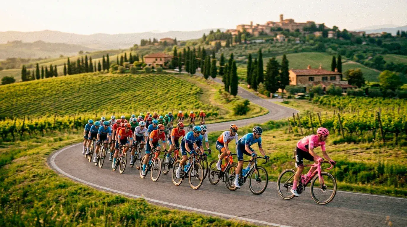 Corridori italiani durante una tappa del Giro d'Italia tra le colline toscane