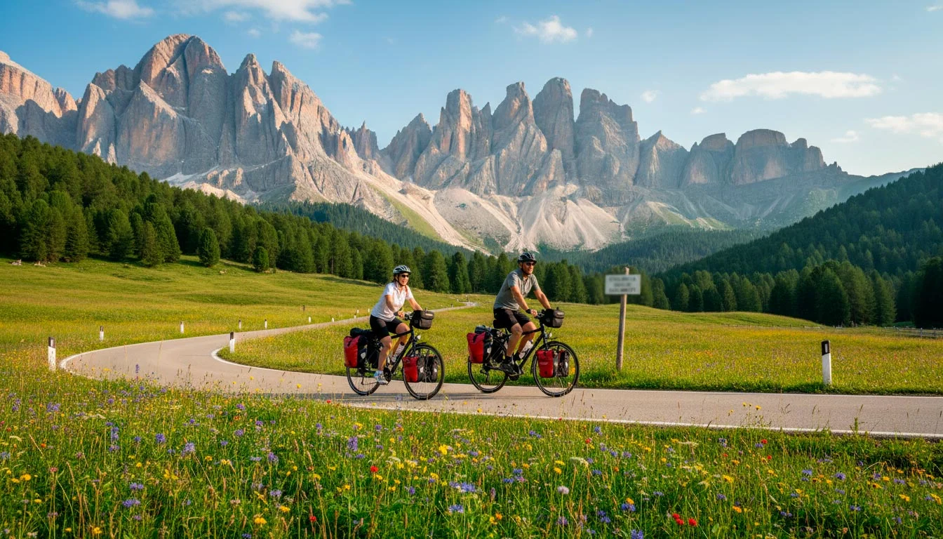 Cicloturisti su una ciclovia panoramica delle Dolomiti italiane