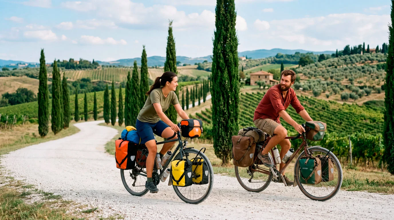 Cicloturisti su strada panoramica tra colline toscane con biciclette da turismo