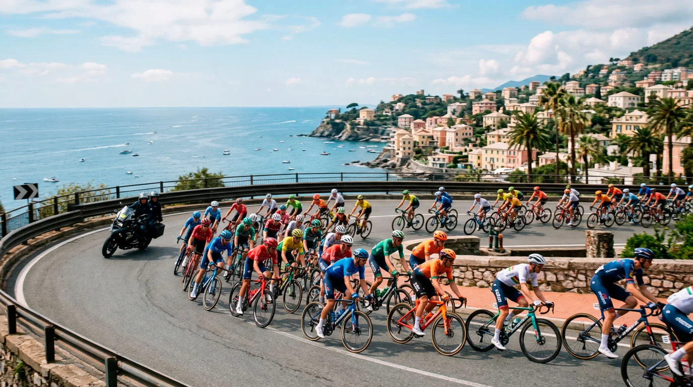 Gruppo di ciclisti professionisti in gara su strada costiera italiana durante classica