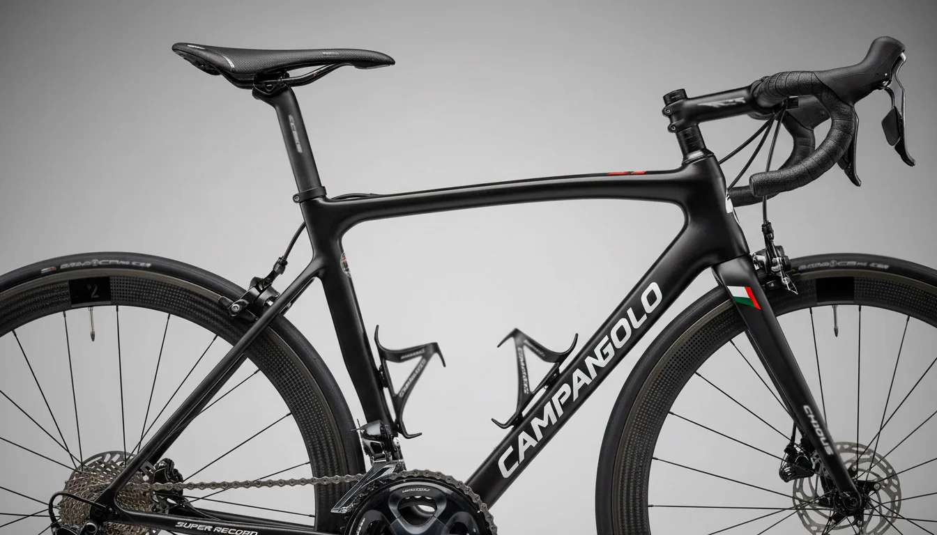 Dettaglio di bicicletta da corsa professionale con componenti italiani di alta gamma su sfondo neutro