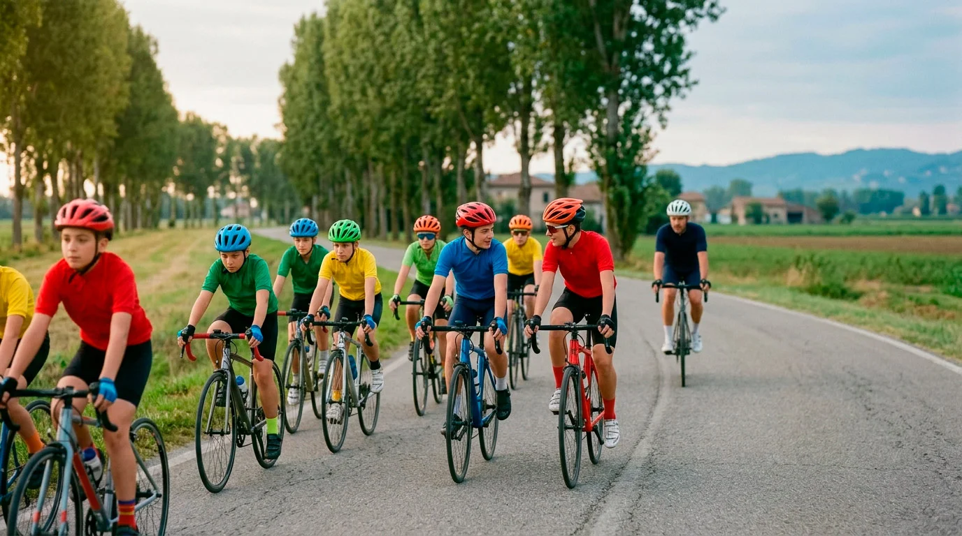Giovani ciclisti in allenamento su pista ciclabile con biciclette da corsa