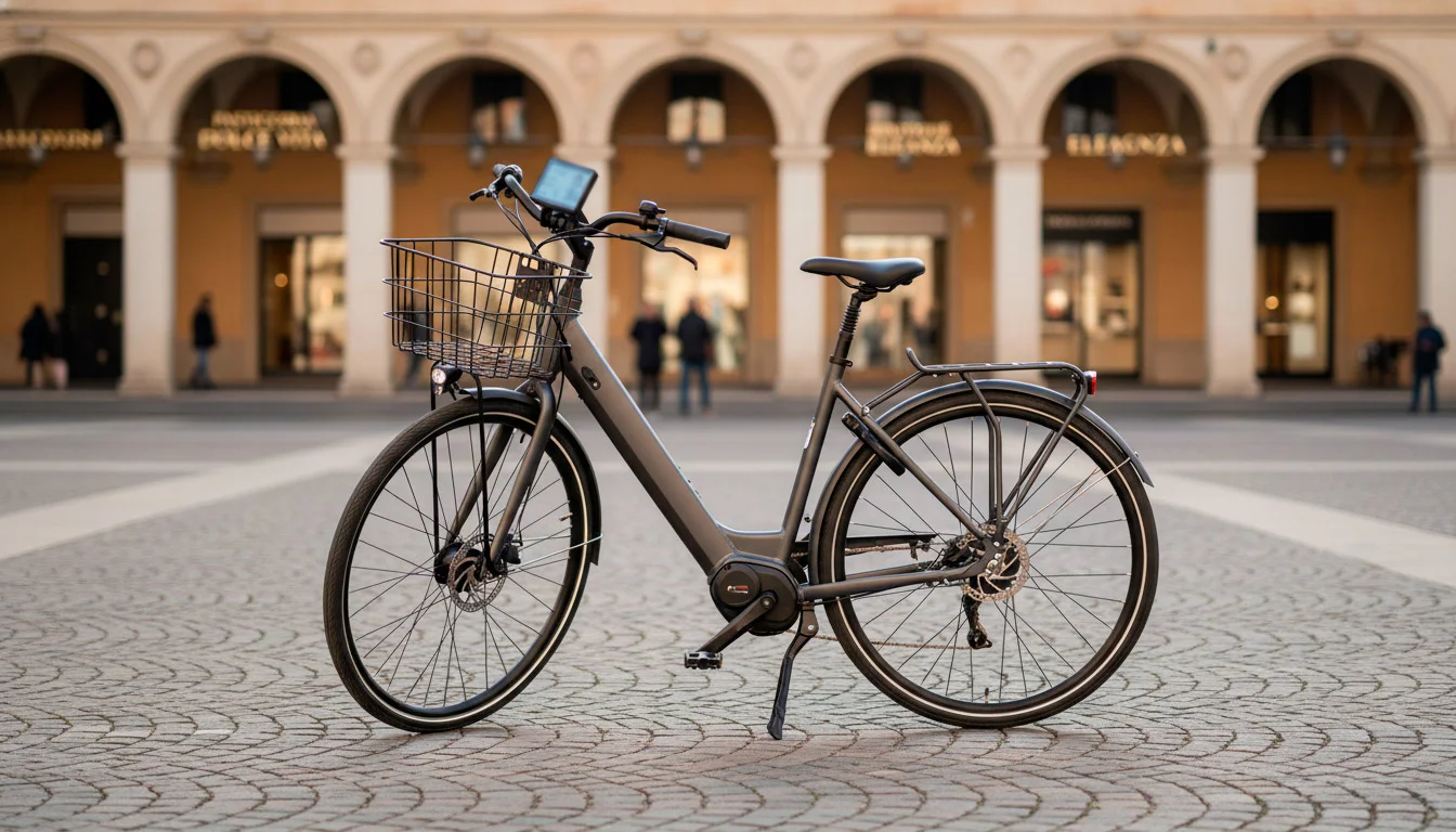 E-bike da città con batteria integrata parcheggiata in ambiente urbano