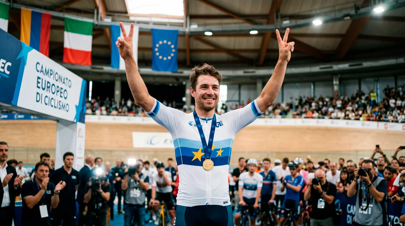 Ciclista italiano con maglia azzurra della nazionale sul podio dei Campionati Europei
