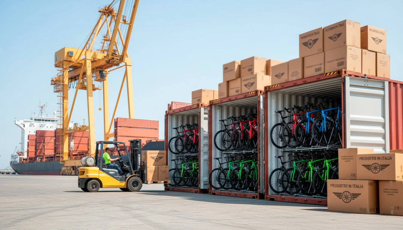 Container con biciclette italiane pronte per l'esportazione in porto commerciale