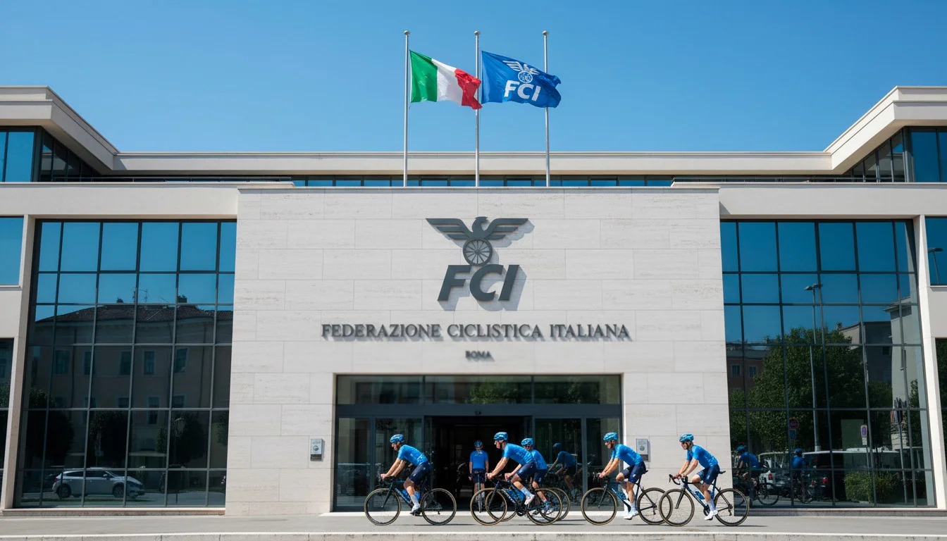 Sede della Federazione Ciclistica Italiana con bandiere e ciclisti in primo piano