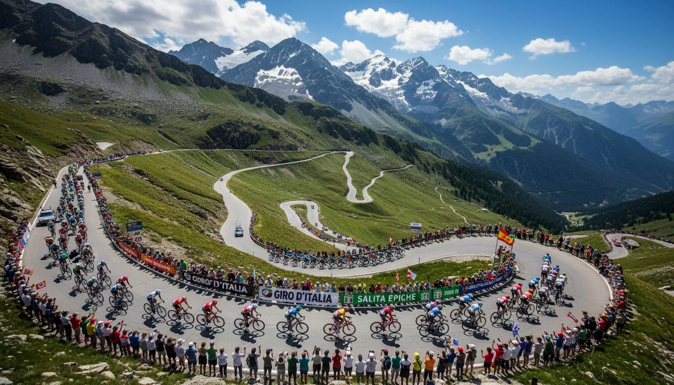 Gruppo di ciclisti in salita durante una tappa di montagna di un Grande Giro