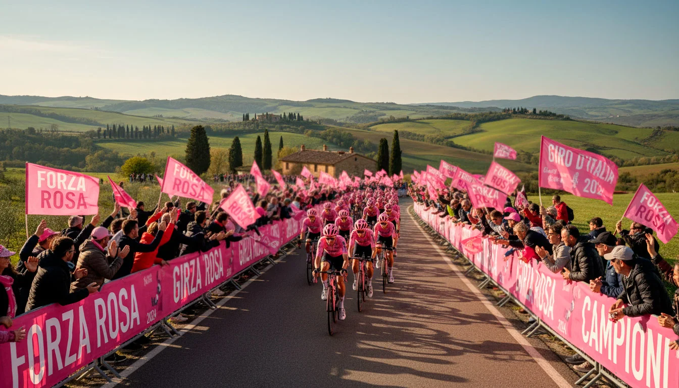 Tifosi lungo le strade del Giro d'Italia con bandiere rosa e paesaggio italiano
