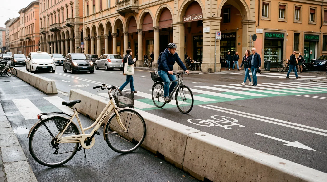 Strada italiana con segnaletica ciclabile e bicicletta in ambiente urbano