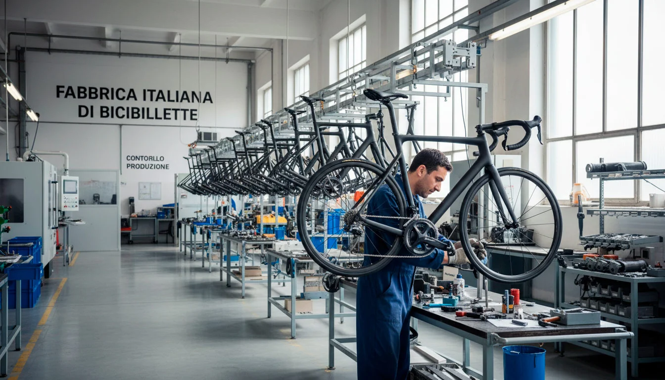 Linea di produzione biciclette in stabilimento italiano con telai e componenti