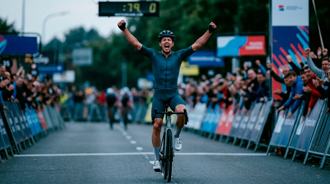 Jonathan Milan in maglia Lidl-Trek celebra una vittoria di tappa con le braccia alzate
