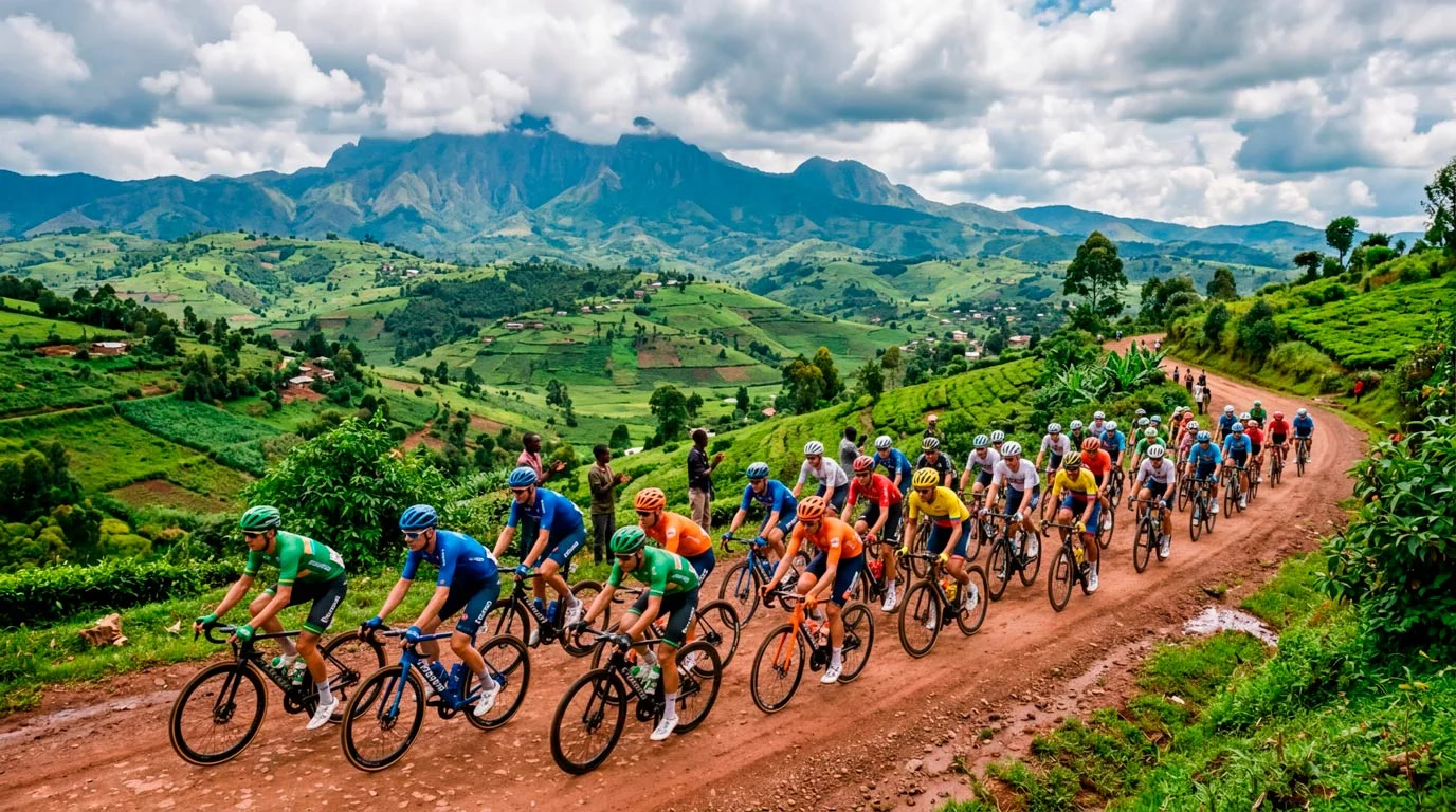 Gruppo di ciclisti professionisti in gara sulle colline del Ruanda ai Mondiali