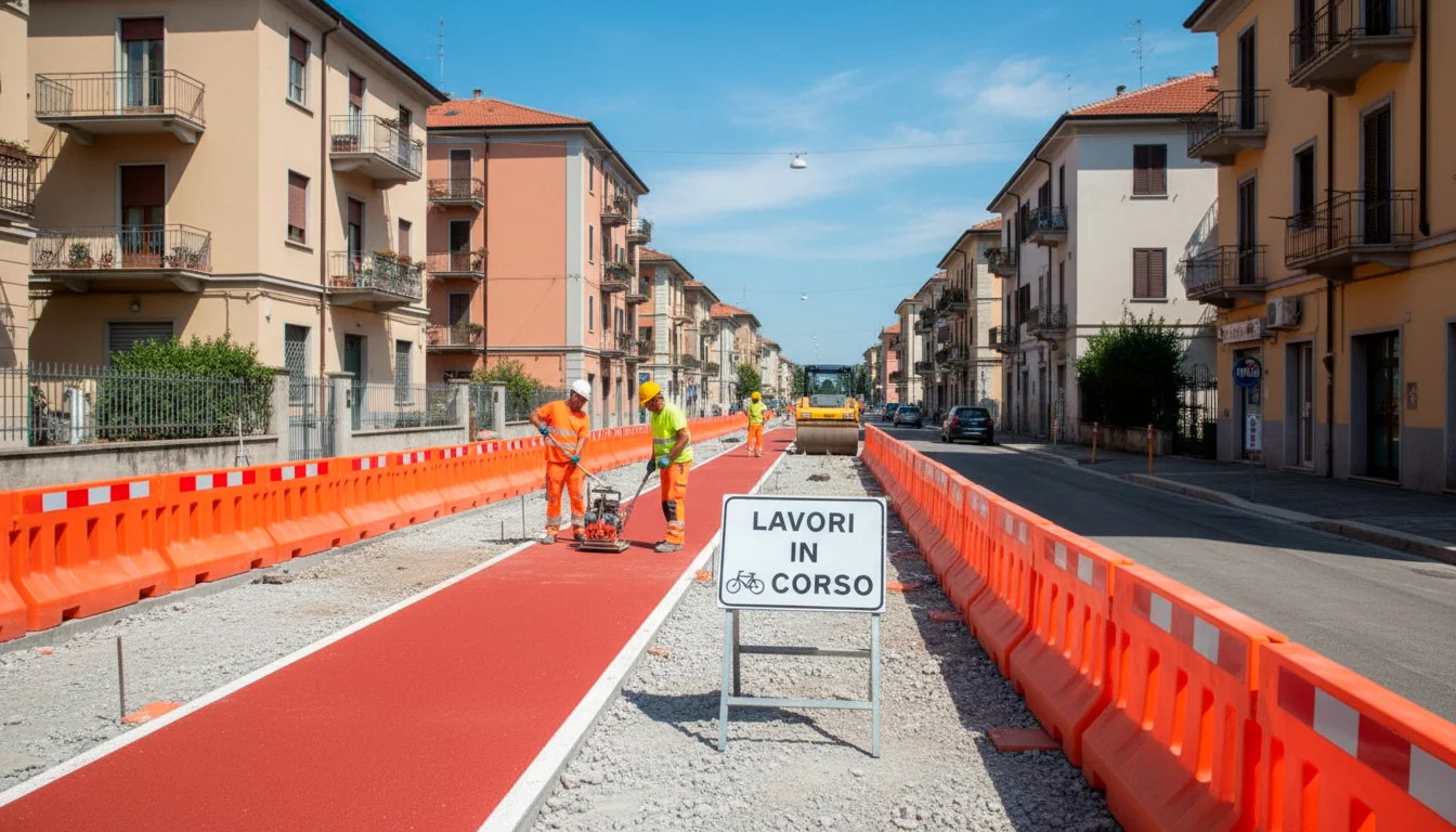 Pista ciclabile in costruzione con segnaletica e barriere di cantiere
