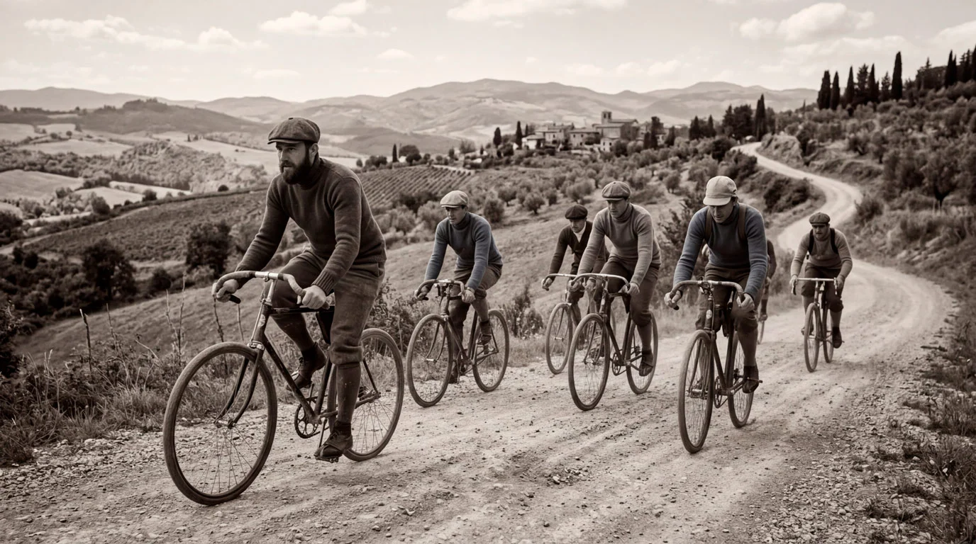 Ciclisti d'epoca su biciclette storiche all'inizio del Novecento su strada sterrata italiana