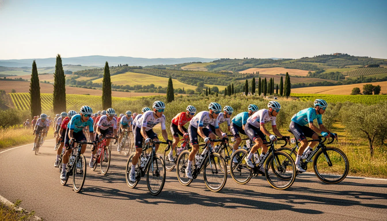 Gruppo di ciclisti in gara su strada collinare italiana durante una corsa ProSeries
