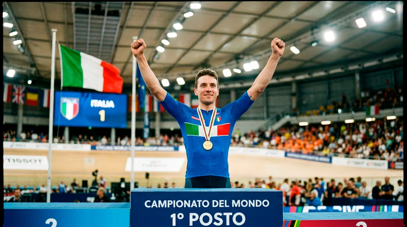 Bandiera italiana e podio con ciclisti in maglia azzurra durante cerimonia premiazione