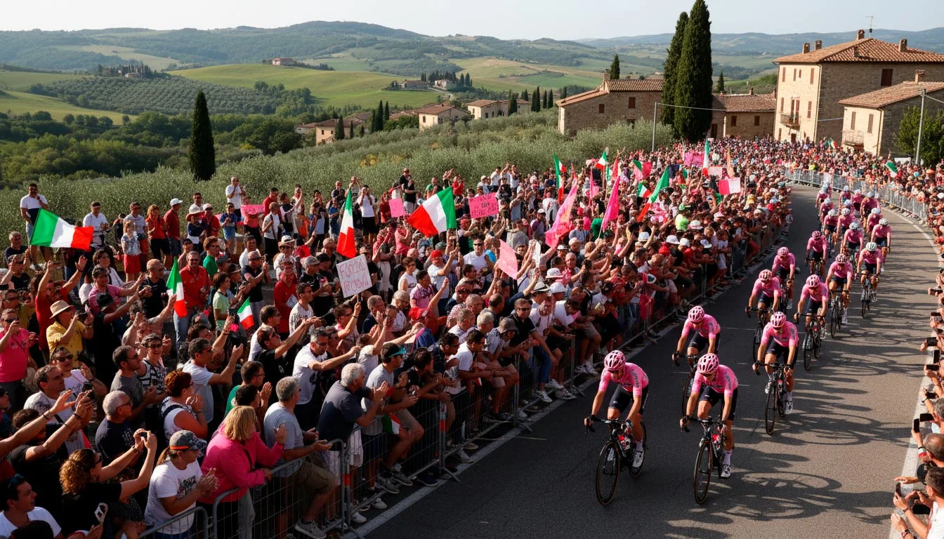 Folla di tifosi lungo la strada durante il passaggio del Giro d'Italia con bandiere italiane
