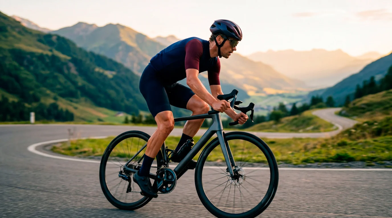 Ciclista professionista in tenuta da gara su bicicletta da corsa durante allenamento