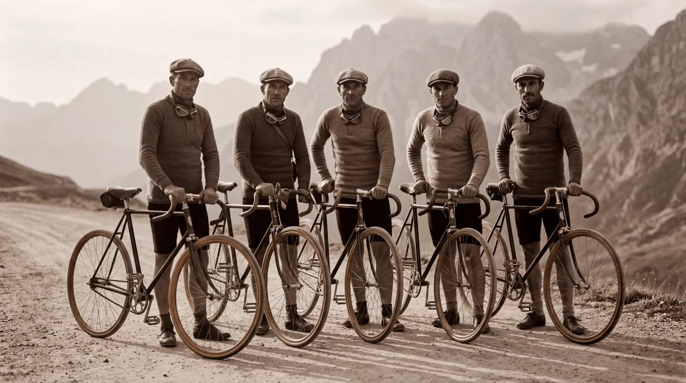 Ciclisti pionieri del primo Giro d'Italia 1909 su strade sterrate italiane
