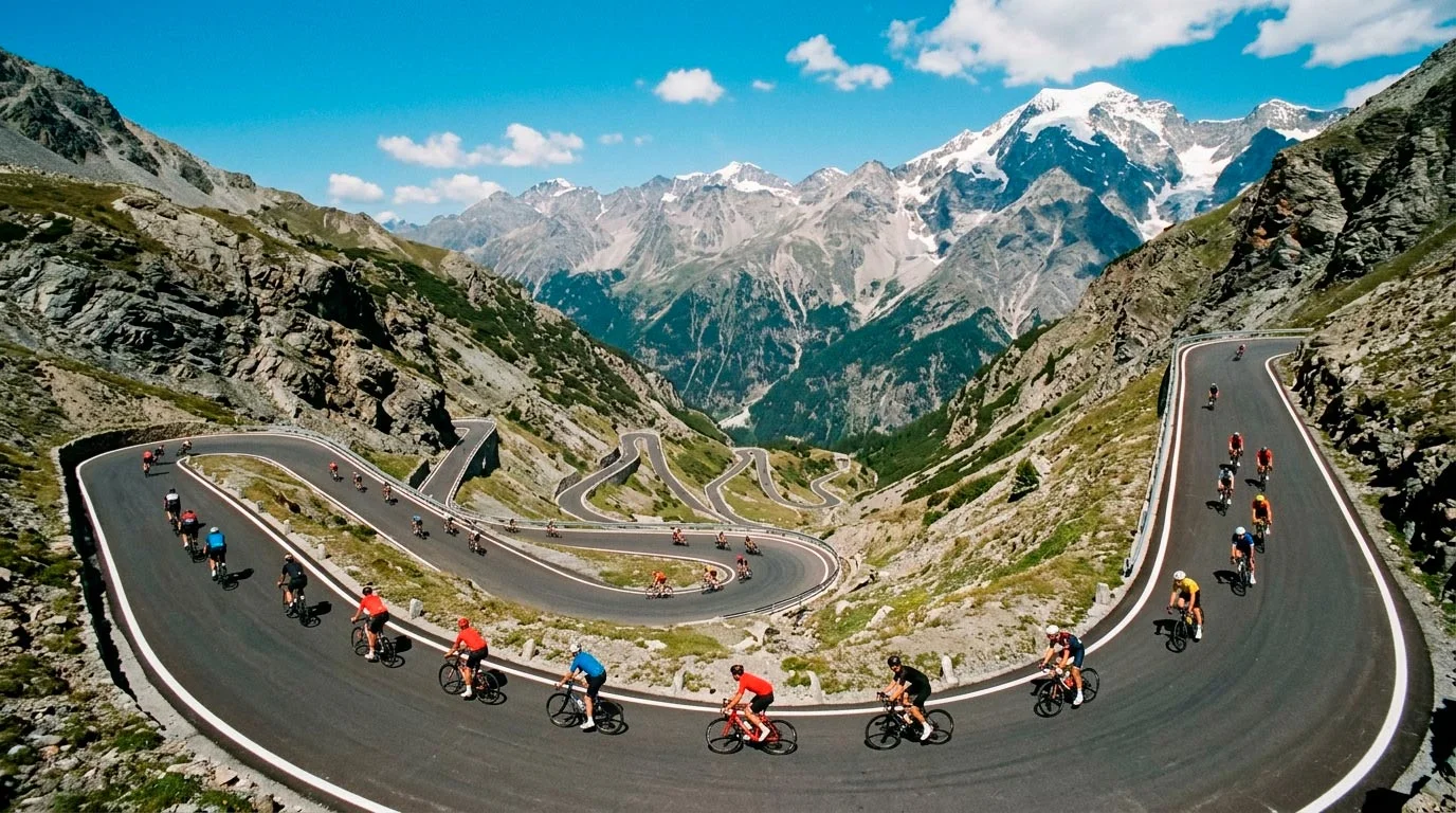 Ciclisti in salita su tornanti di montagna delle Alpi italiane con paesaggio dolomitico sullo sfondo