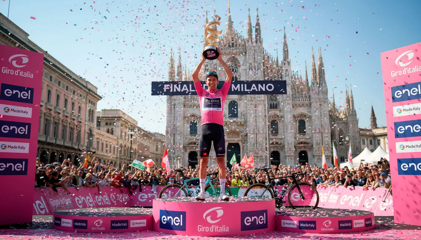Ciclista vincitore sul podio del Giro d'Italia con maglia rosa e trofeo alzato