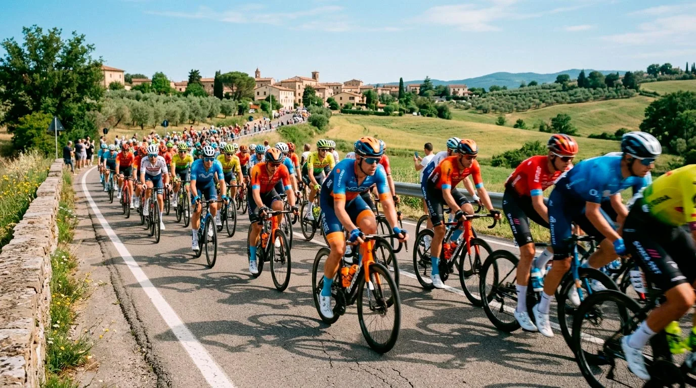 Gruppo di ciclisti professionisti in gara durante una tappa del World Tour con maglie colorate delle squadre